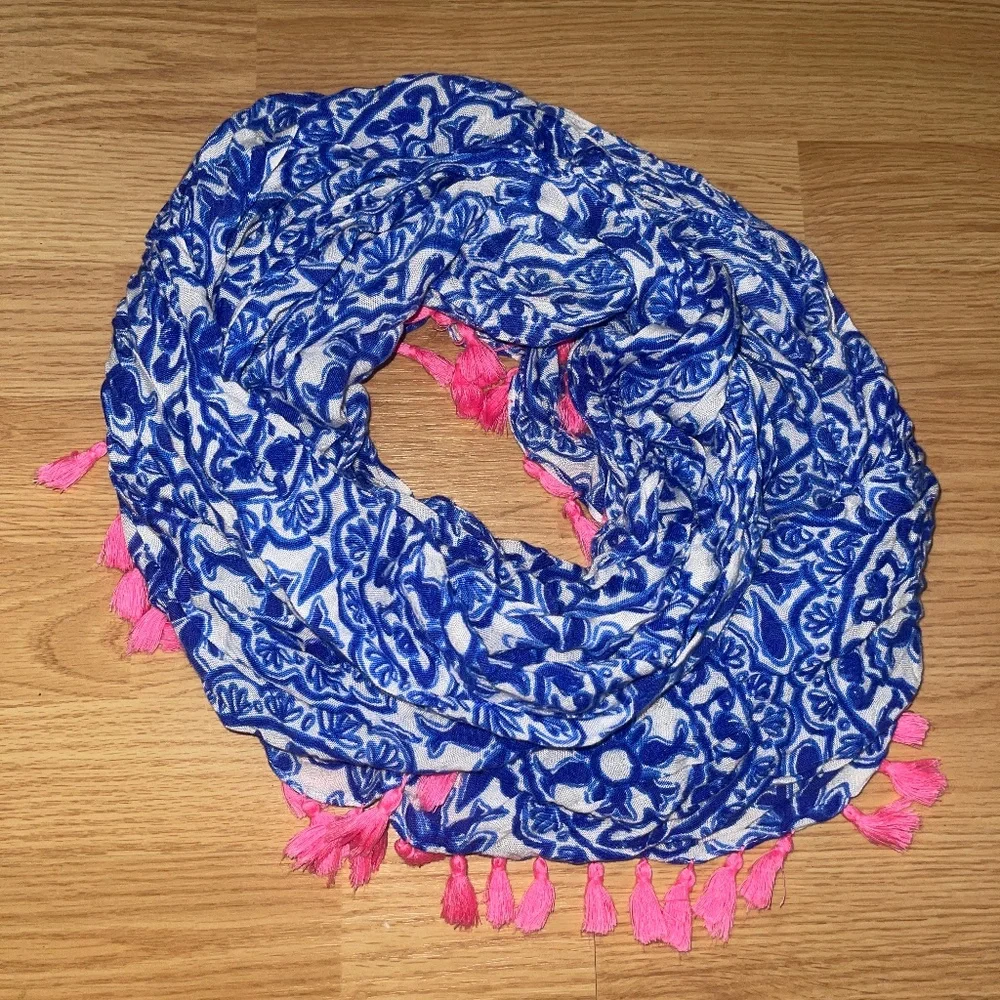 Lilly Pulitzer Blue and White with Hot Pink Tassels Infinity Loop Scarf